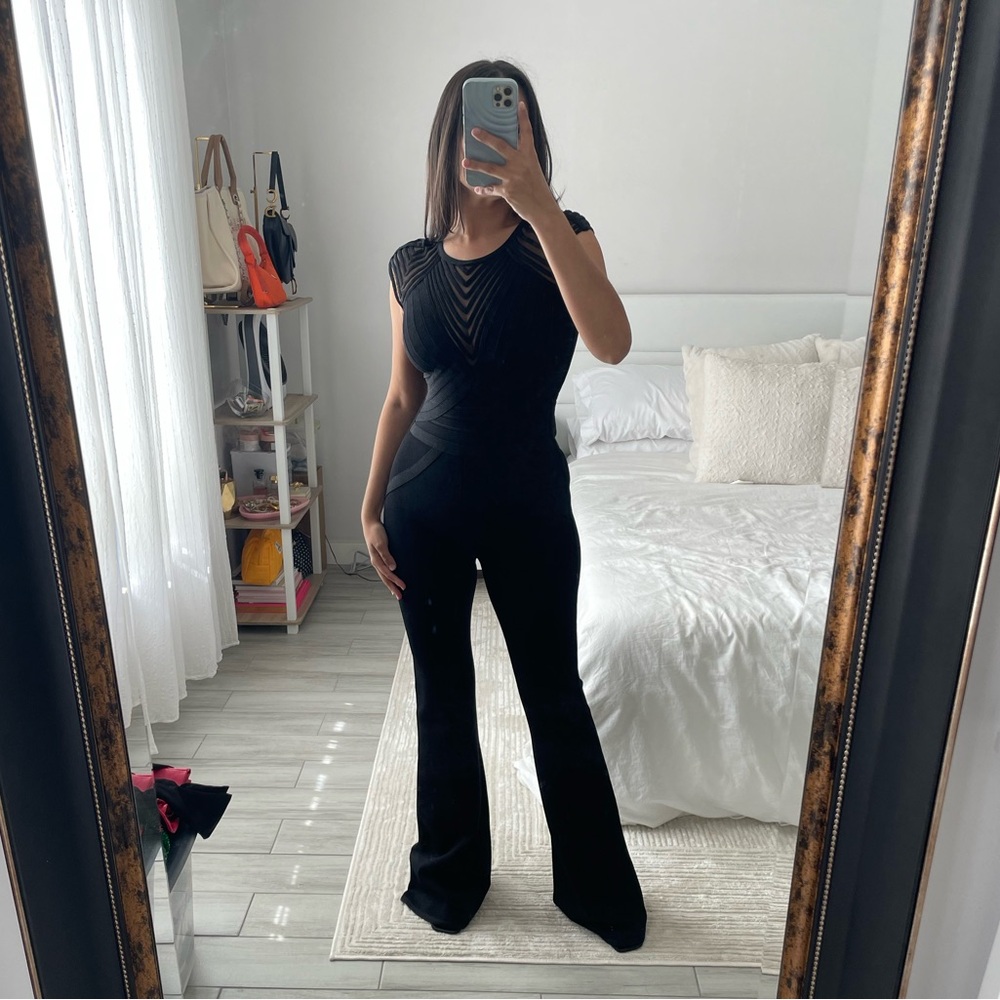 Herve Leger Black Marian Bandage Wide-Leg Flare Jumpsuit - Picture 3 of 7